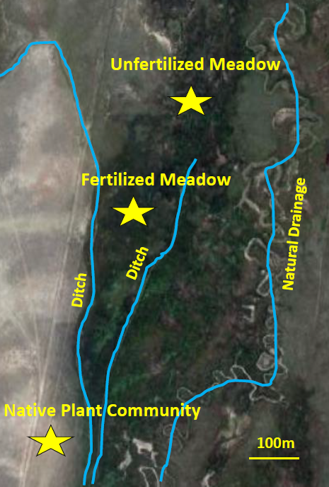 Figure 2: Meadow- system study design pairing fertilized and unfertilized meadows with natural rangeland all on the same original soil type.